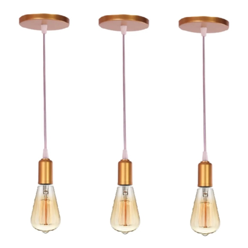 Kit 3 Pendente Lustre Luminária Retrô Fio Cabo Simples Rose Gold Industrial E27