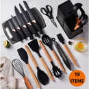 Kit 19 Peças Jogo de Utensílios Para Cozinha em Silicone Com Cabo de Madeira Completo