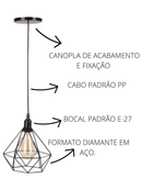 Kit 2 Pendente Lustre Luminária Aramado Diamante Preto