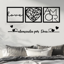 Kit 3 Quadros Cabeceira Amor Coração Geométrico + Frase Parede Abençoados Por Deus + 2 mini coração