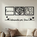 Kit 3 Quadros Cabeceira Amor Coração Geométrico + Frase Parede Abençoados Por Deus + 2 mini coração