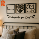 Kit 3 Quadros Cabeceira Amor Coração Geométrico + Frase Parede Abençoados Por Deus + 2 mini coração