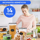 Kit 14 Potes Herméticos Empilháveis Quadrado Resistente Plástico Cozinha Dispensa Alimentos e Bebida