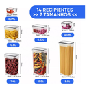 Kit 14 Potes Herméticos Empilháveis Quadrado Resistente Plástico Cozinha Dispensa Alimentos e Bebida
