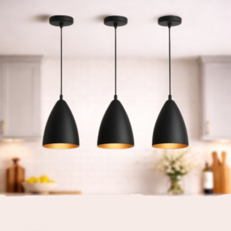 Kit 3 Luminárias Pendentes Modernas Preto com Cobre – Sala, Jantar, Teto